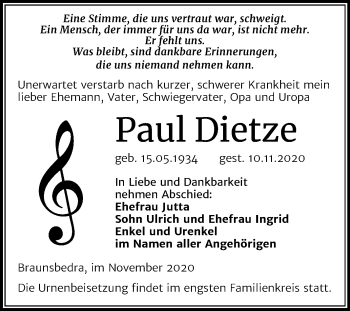 Traueranzeige von Paul Dietze von Super Sonntag Merseburg/Querfurt