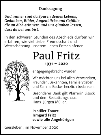 Traueranzeige von Paul Fritz von Super Sonntag Aschersleben