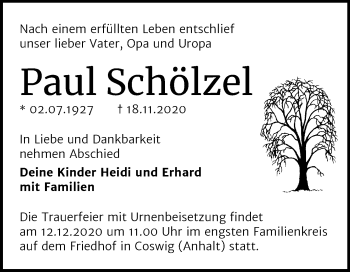 Traueranzeige von Paul Schölzel von Super Sonntag Wittenberg