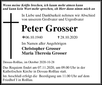 Traueranzeige von Peter Grosser von Wochenspiegel Dessau-Roßlau