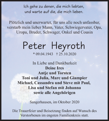 Traueranzeige von Peter Heyroth von Super Sonntag Sangerhausen