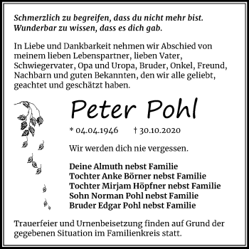 Traueranzeige von Peter Pohl von Mitteldeutsche Zeitung Mansfelder Land