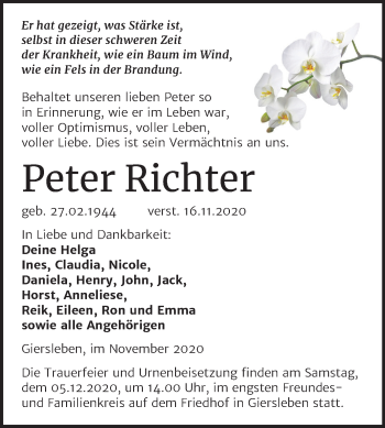 Traueranzeige von Peter Richter von Super Sonntag Aschersleben