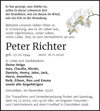 Traueranzeige von Peter Richter von Mitteldeutsche Zeitung Aschersleben