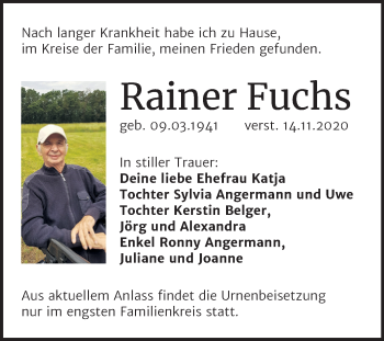 Traueranzeige von Rainer Fuchs von Wochenspiegel Weißenfels