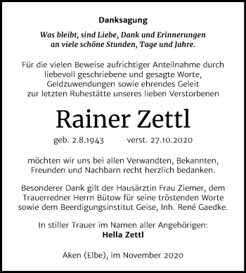 Traueranzeige von Rainer Zettl von Mitteldeutsche Zeitung Köthen