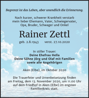 Traueranzeige von Rainer Zettl von Super Sonntag Köthen