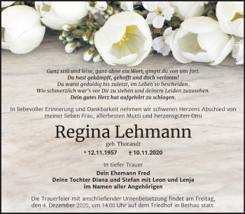 Traueranzeige von Regina Lehmann von Super Sonntag Wittenberg