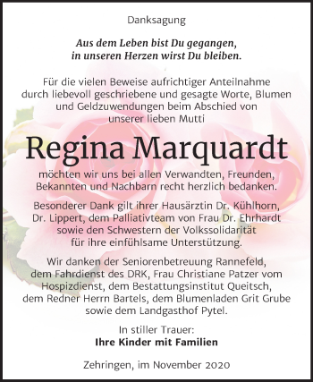 Traueranzeige von Regina Marquardt von Super Sonntag Köthen