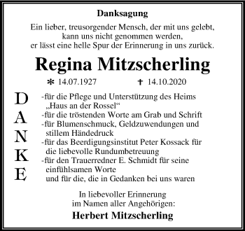 Traueranzeige von Regina Mitzscherling von Super Sonntag Wittenberg