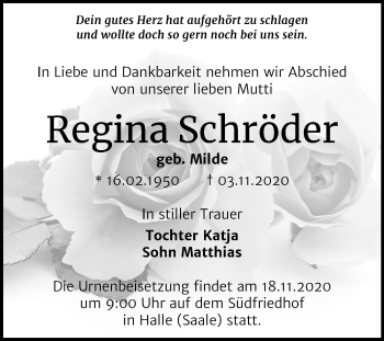 Traueranzeige von Regina Schröder von Mitteldeutsche Zeitung Halle/Saalkreis