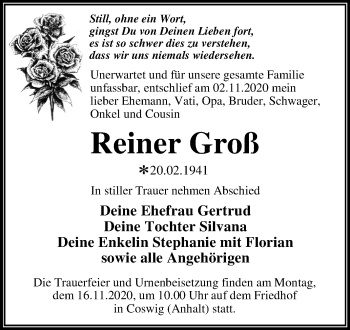 Traueranzeige von Reiner Groß von Super Sonntag Wittenberg