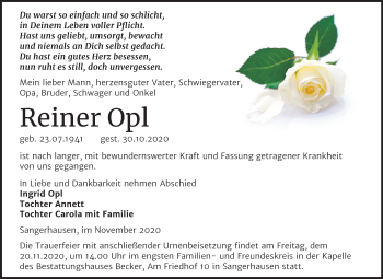 Traueranzeige von Reiner Opl von Wochenspiegel Sangerhausen