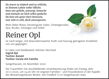 Traueranzeige von Reiner Opl von Mitteldeutsche Zeitung Sangerhausen