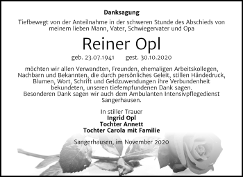 Traueranzeige von Reiner Opl von Mitteldeutsche Zeitung Sangerhausen