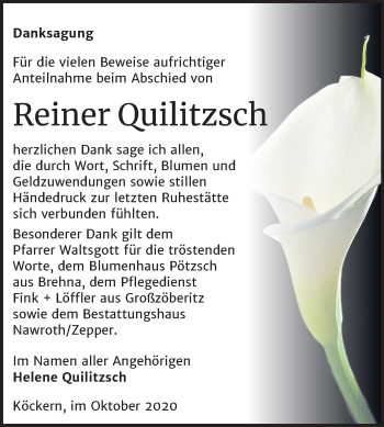 Traueranzeige von Reiner Quilitzsch von Wochenspiegel Bitterfeld
