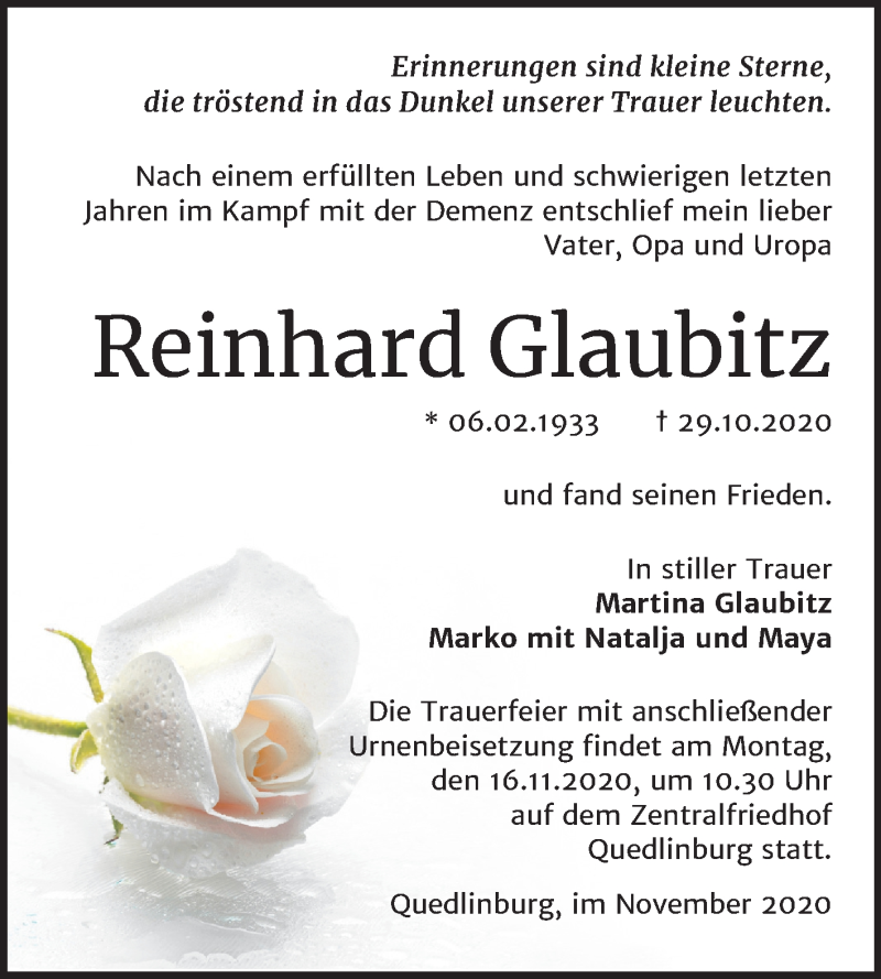  Traueranzeige für Reinhard Glaubitz vom 07.11.2020 aus Mitteldeutsche Zeitung Quedlinburg
