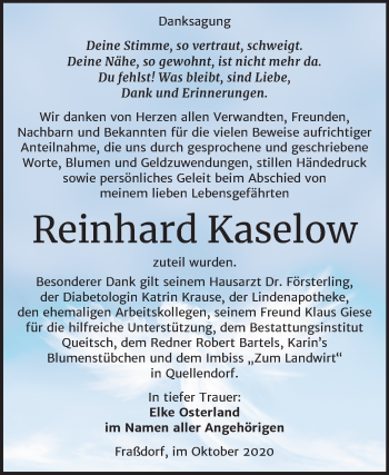 Traueranzeige von Reinhard Kaselow von Mitteldeutsche Zeitung Köthen