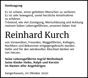 Traueranzeige von Reinhard Kurch von Super Sonntag Sangerhausen