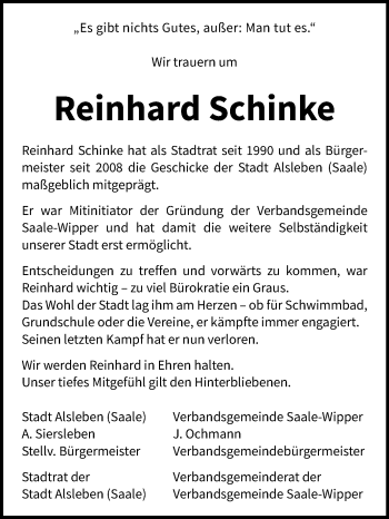 Traueranzeige von Reinhard Schinke von Mitteldeutsche Zeitung 