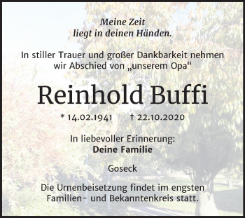 Traueranzeige von Reinhold Buffi von Mitteldeutsche Zeitung Weißenfels
