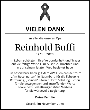 Traueranzeige von Reinhold Buffi von Wochenspiegel Weißenfels