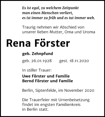 Traueranzeige von Rena Förster von Mitteldeutsche Zeitung Quedlinburg