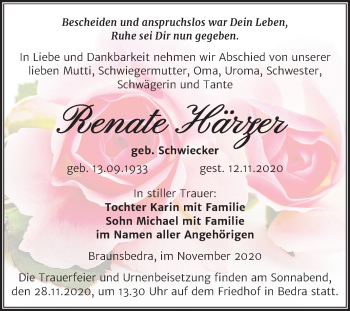 Traueranzeige von Renate Härzer von Mitteldeutsche Zeitung Merseburg/Querfurt