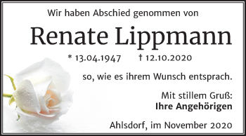 Traueranzeige von Renate Lippmann von Mitteldeutsche Zeitung Mansfelder Land