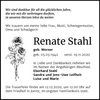 Traueranzeige von Renate Stahl von Super Sonntag Dessau-Roßlau