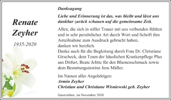 Traueranzeige von Renate Zeyher von Mitteldeutsche Zeitung Aschersleben