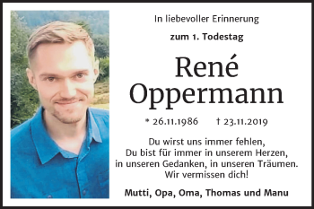 Traueranzeige von René Oppermann von Super Sonntag Aschersleben
