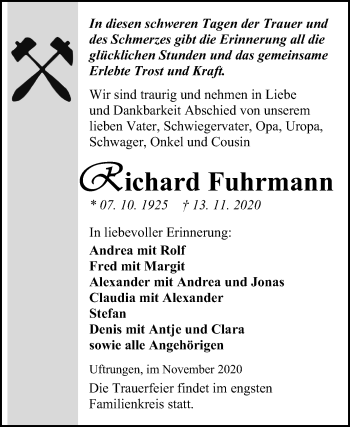 Traueranzeige von Richard Fuhrmann von Mitteldeutsche Zeitung Sangerhausen
