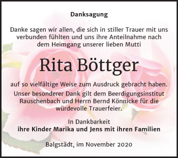 Traueranzeige von Rita Böttger von Wochenspiegel Naumburg/Nebra
