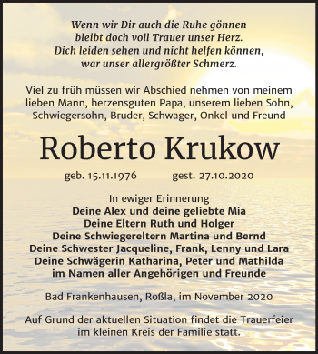 Traueranzeige von Roberto Krukow von Super Sonntag Sangerhausen