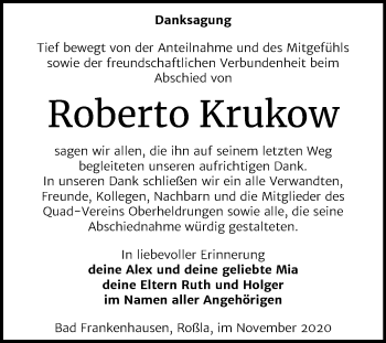 Traueranzeige von Roberto Krukow von Mitteldeutsche Zeitung Sangerhausen