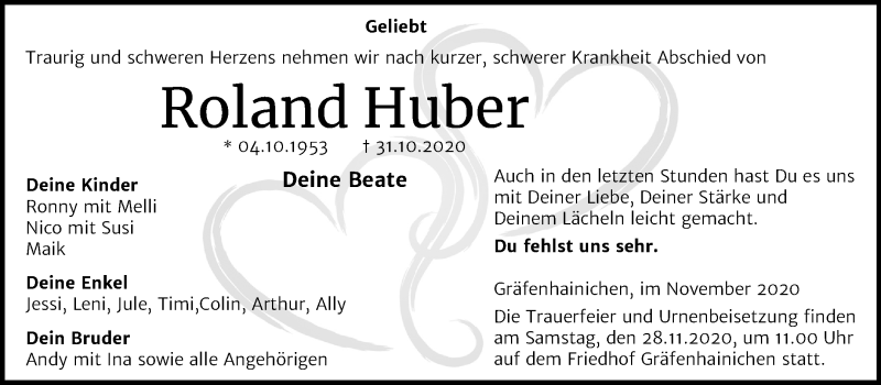  Traueranzeige für Roland Huber vom 14.11.2020 aus Mitteldeutsche Zeitung Wittenberg
