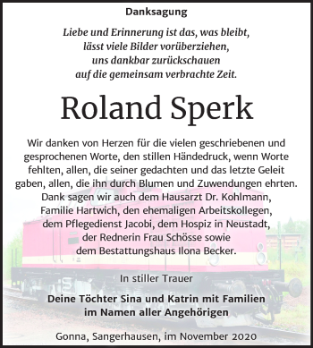Traueranzeige von Roland Sperk von Super Sonntag Sangerhausen