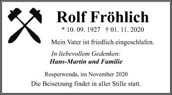 Traueranzeige von Rolf Fröhlich von Mitteldeutsche Zeitung Sangerhausen