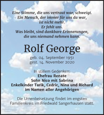 Traueranzeige von Rolf George von Super Sonntag Sangerhausen
