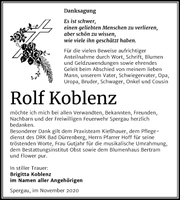 Traueranzeige von Rolf Koblenz von Mitteldeutsche Zeitung Merseburg/Querfurt