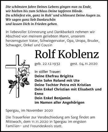 Traueranzeige von Rolf Koblenz von Mitteldeutsche Zeitung Merseburg/Querfurt