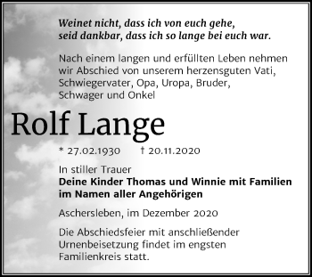 Traueranzeige von Rolf Lange von Super Sonntag Aschersleben
