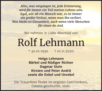 Traueranzeige von Rolf Lehmann von Super Sonntag Dessau-Roßlau