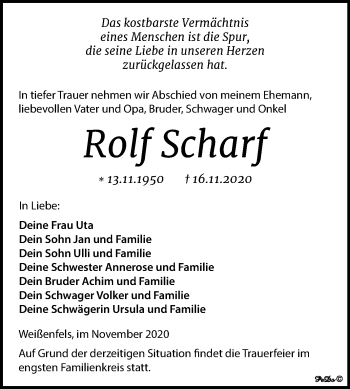 Traueranzeige von Rolf Scharf von Wochenspiegel Weißenfels