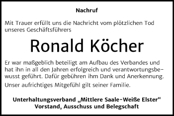 Traueranzeige von Ronald Köcher von Mitteldeutsche Zeitung Merseburg/Querfurt / Weißenfels / Naumburg/Nebra