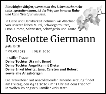 Traueranzeige von Roselotte Giermann von Mitteldeutsche Zeitung Bitterfeld