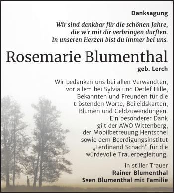 Traueranzeige von Rosemarie Blumenthal von Mitteldeutsche Zeitung Wittenberg