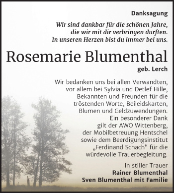 Traueranzeige von Rosemarie Blumenthal von Super Sonntag Wittenberg