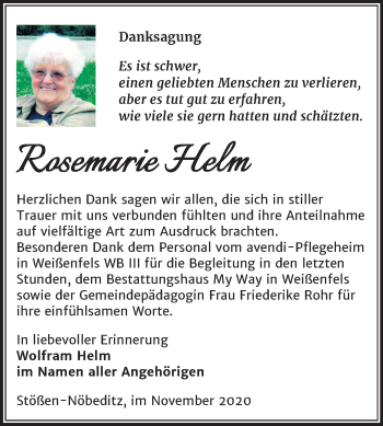 Traueranzeige von Rosemarie Helm von Wochenspiegel Weißenfels